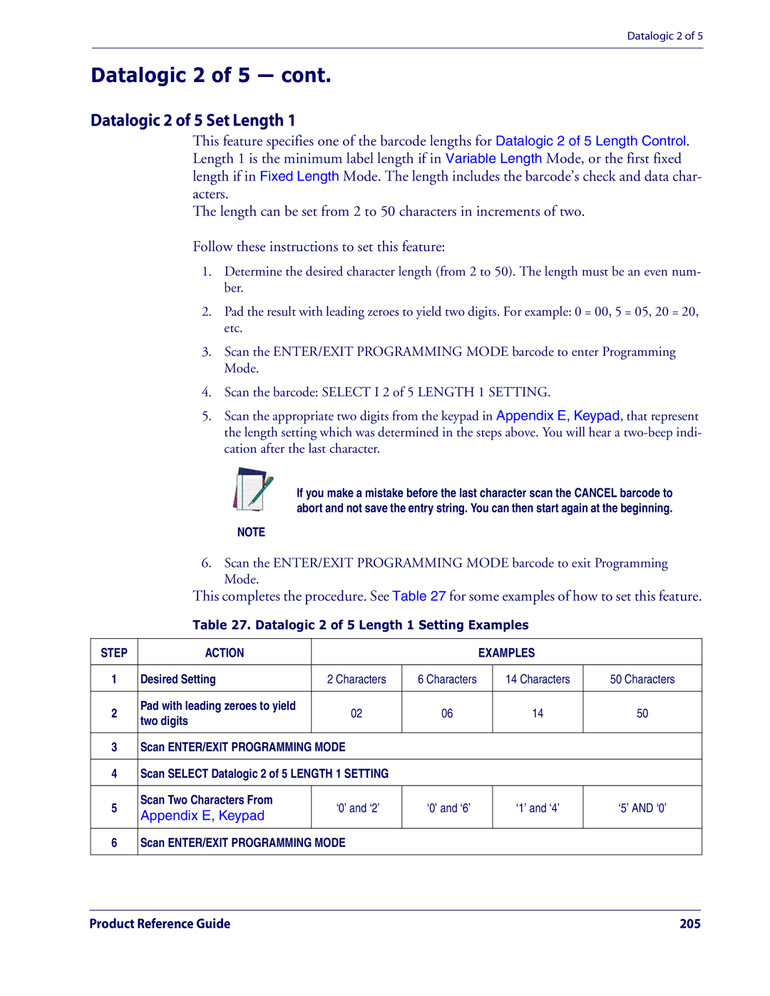 Datalogic Scanning QD2100 manual Datalogic 2 of 5 Set Length, Datalogic 2 of 5 Length 1 Setting Examples 