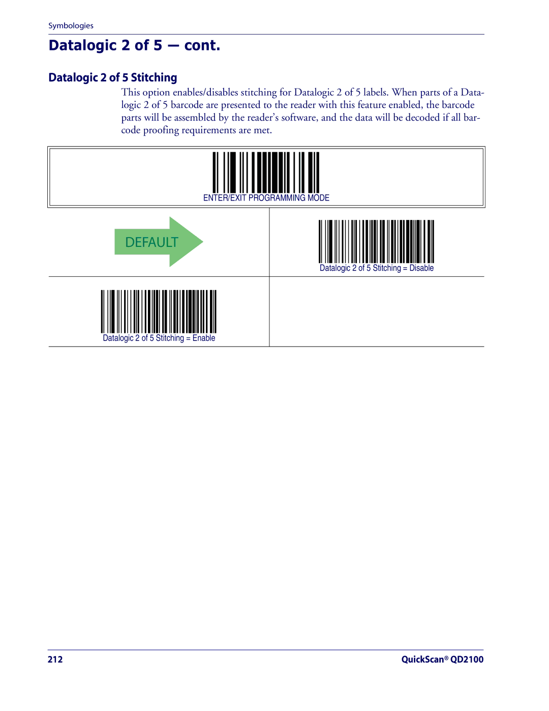 Datalogic Scanning QD2100 manual Datalogic 2 of 5 Stitching 