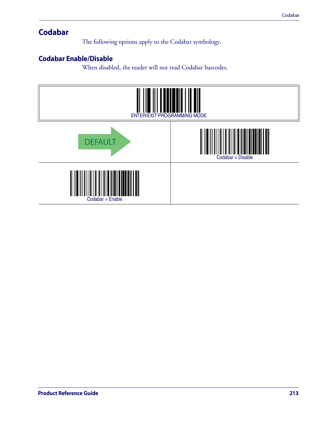 Datalogic Scanning QD2100 manual Codabar Enable/Disable, Codabar = Disable Codabar = Enable 