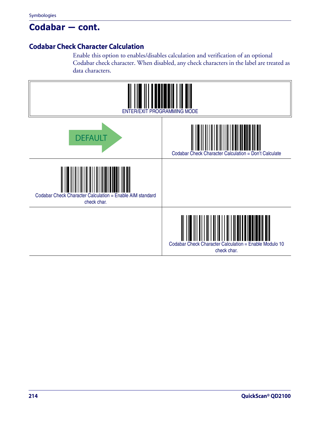 Datalogic Scanning QD2100 manual Codabar Check Character Calculation 