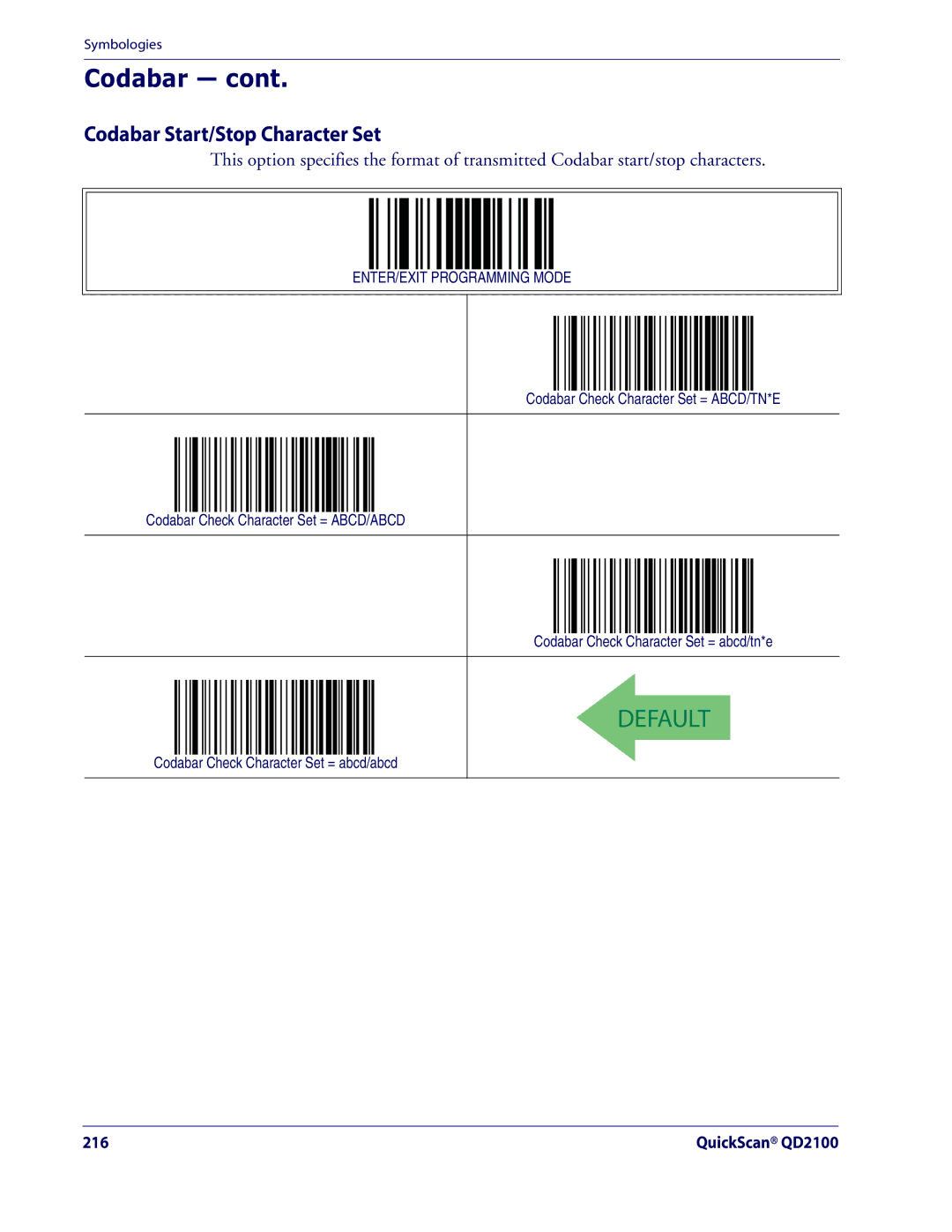 Datalogic Scanning QD2100 manual Codabar Start/Stop Character Set, Codabar Check Character Set = abcd/abcd 