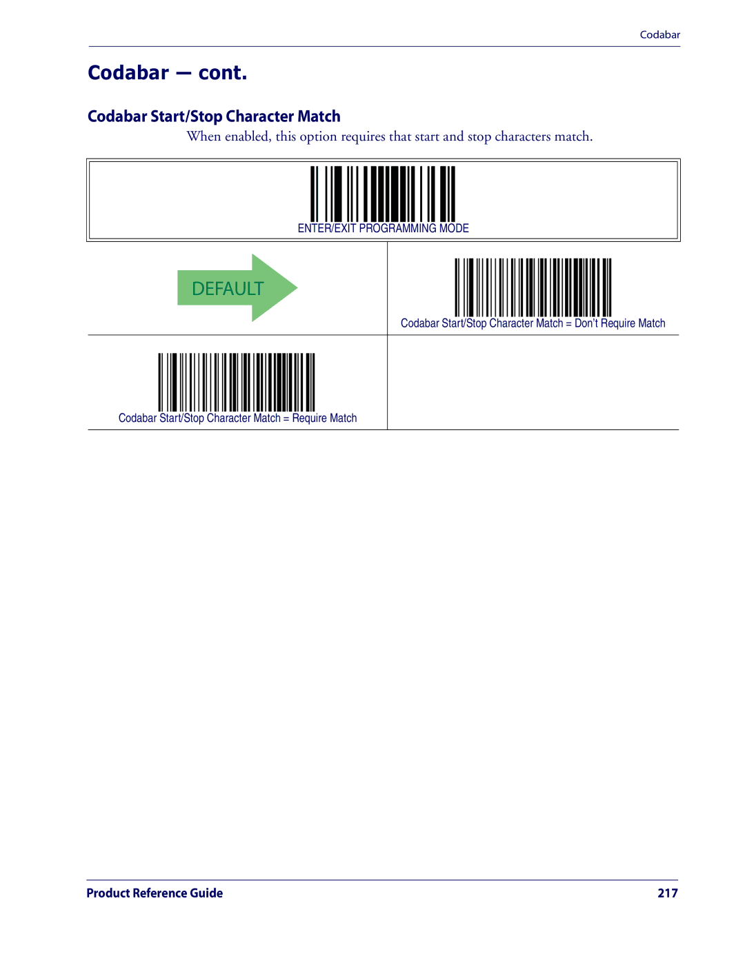 Datalogic Scanning QD2100 manual Codabar Start/Stop Character Match 