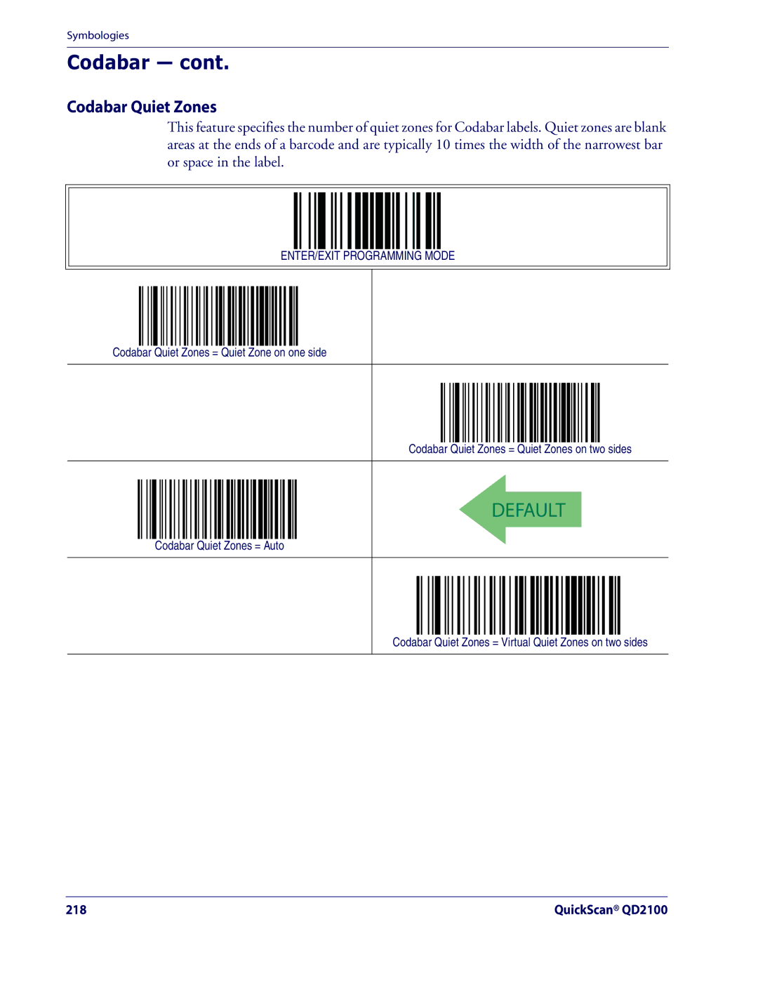 Datalogic Scanning QD2100 manual Codabar Quiet Zones 