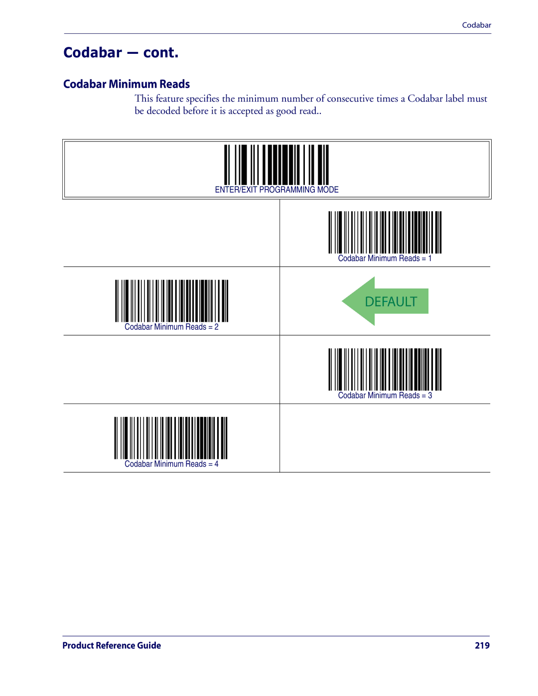 Datalogic Scanning QD2100 manual Codabar Minimum Reads = 