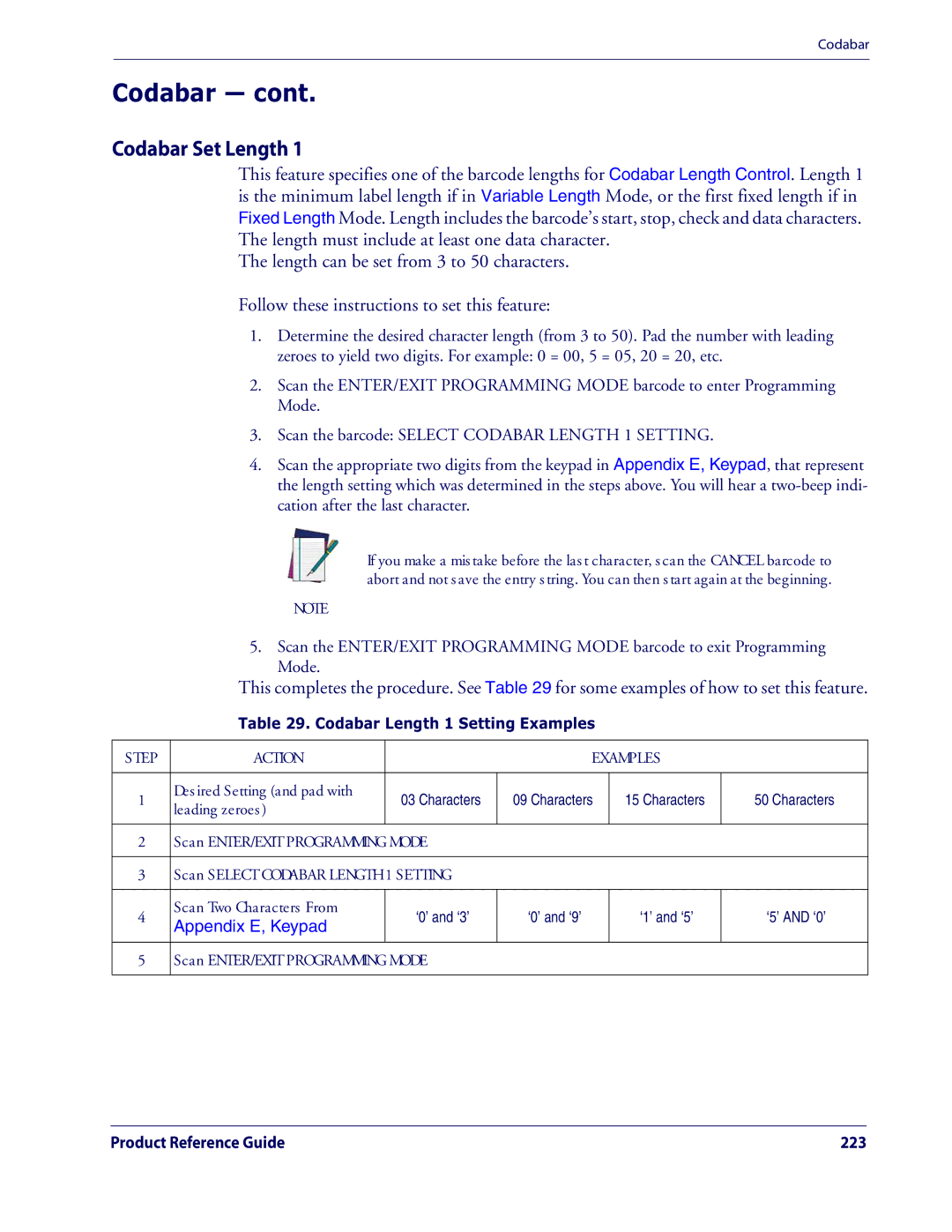 Datalogic Scanning QD2100 manual Codabar Set Length, Codabar Length 1 Setting Examples 