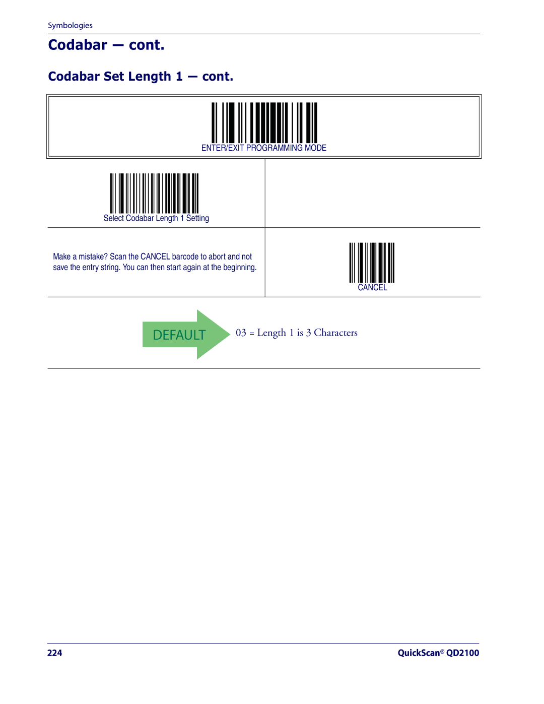 Datalogic Scanning QD2100 manual Codabar Set Length 1, Select Codabar Length 1 Setting 