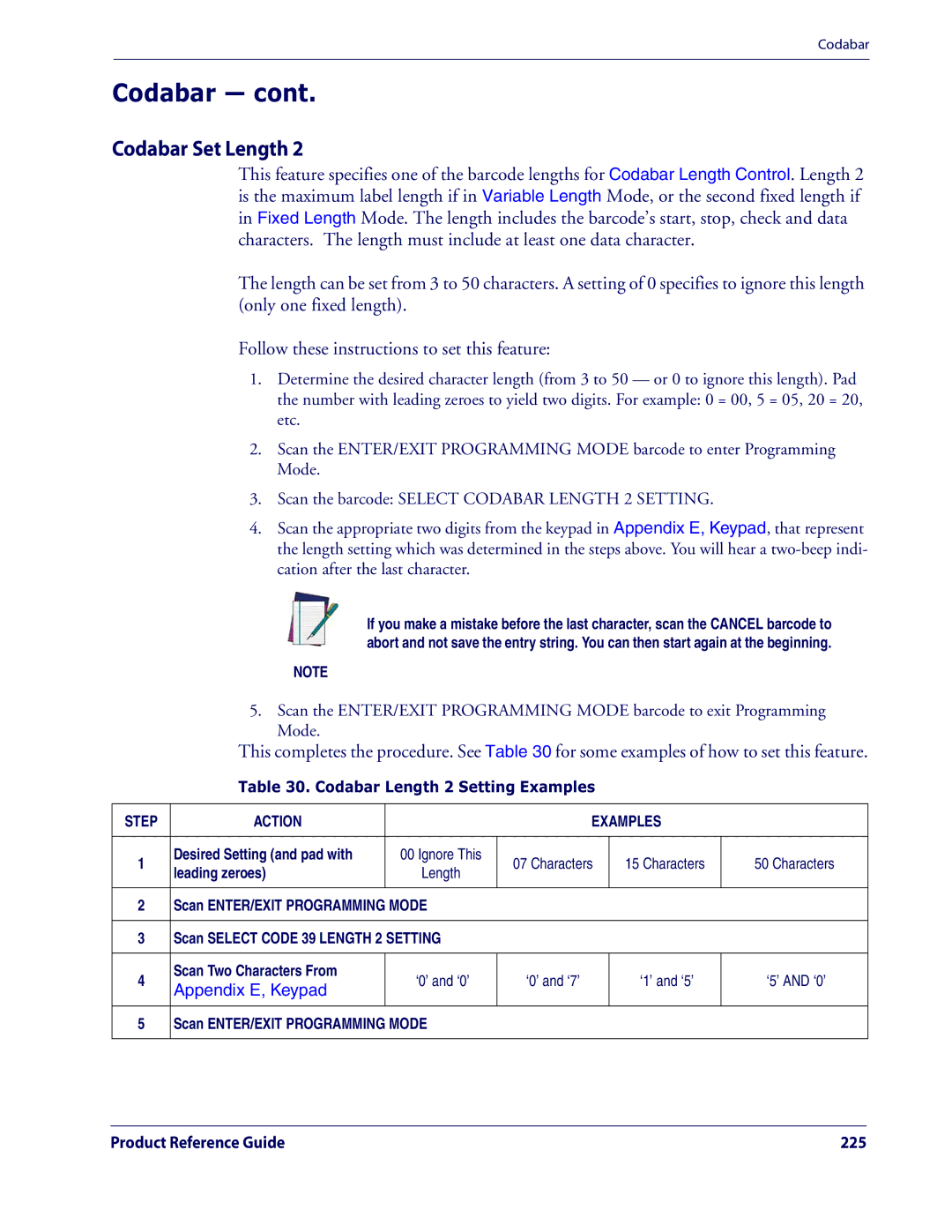 Datalogic Scanning QD2100 manual Codabar Length 2 Setting Examples 