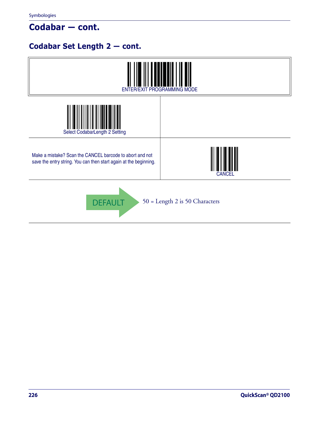 Datalogic Scanning QD2100 manual Codabar Set Length 2, Select CodabarLength 2 Setting 