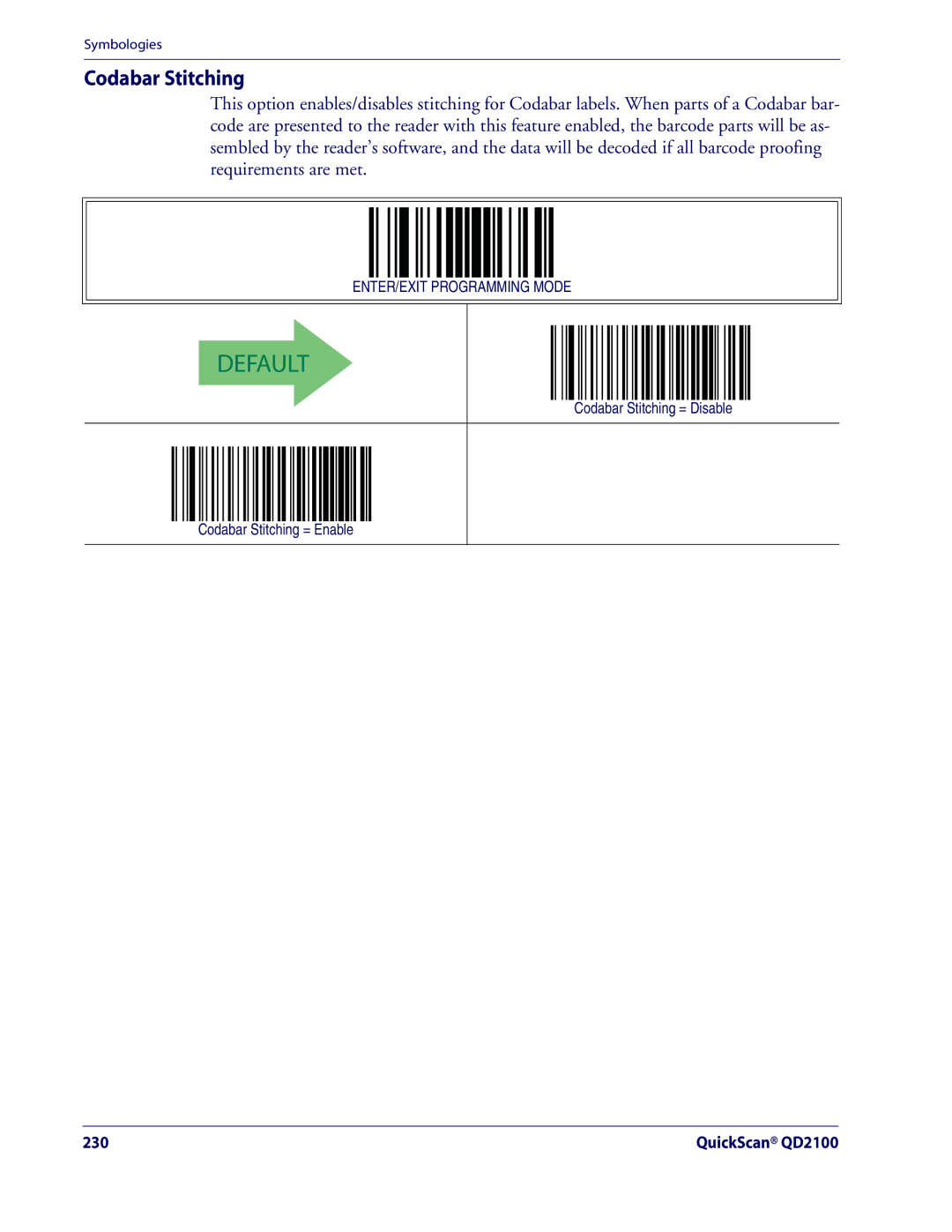 Datalogic Scanning QD2100 manual Codabar Stitching = Disable Codabar Stitching = Enable 