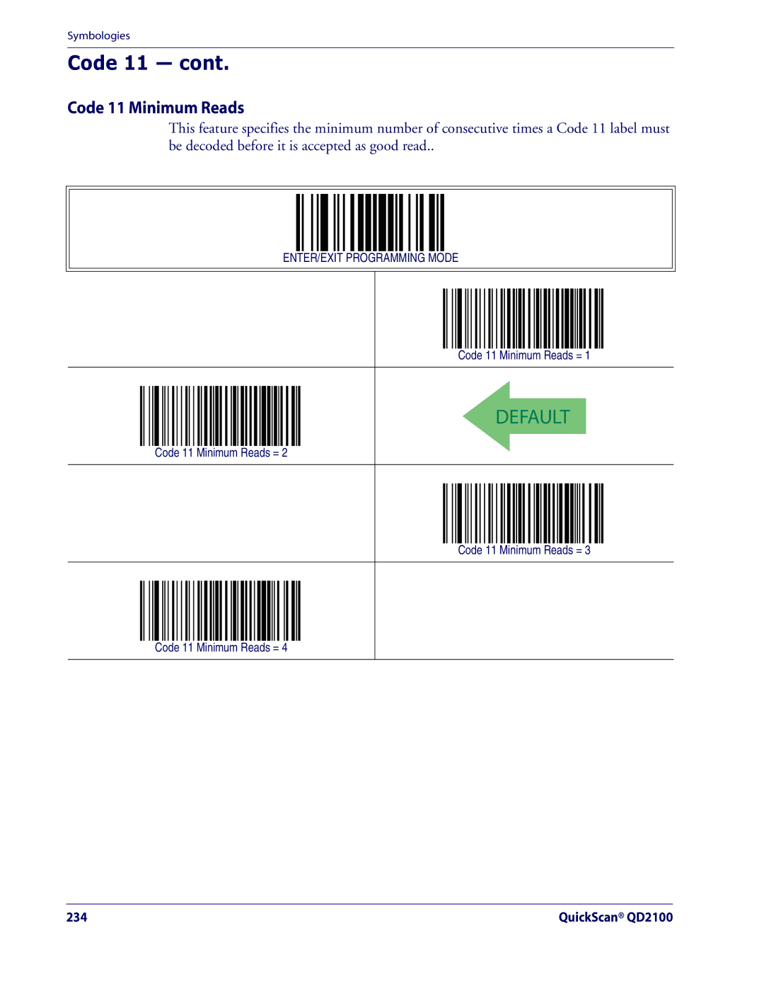 Datalogic Scanning QD2100 manual Code 11 Minimum Reads = 