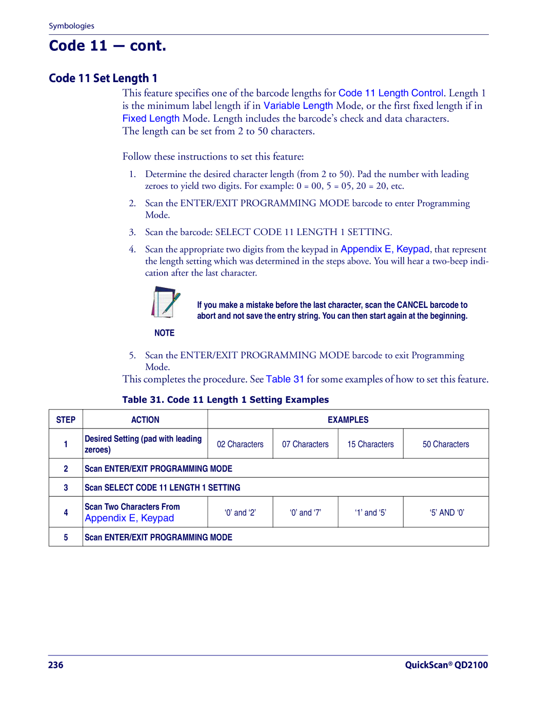 Datalogic Scanning QD2100 manual Code 11 Set Length, Code 11 Length 1 Setting Examples 