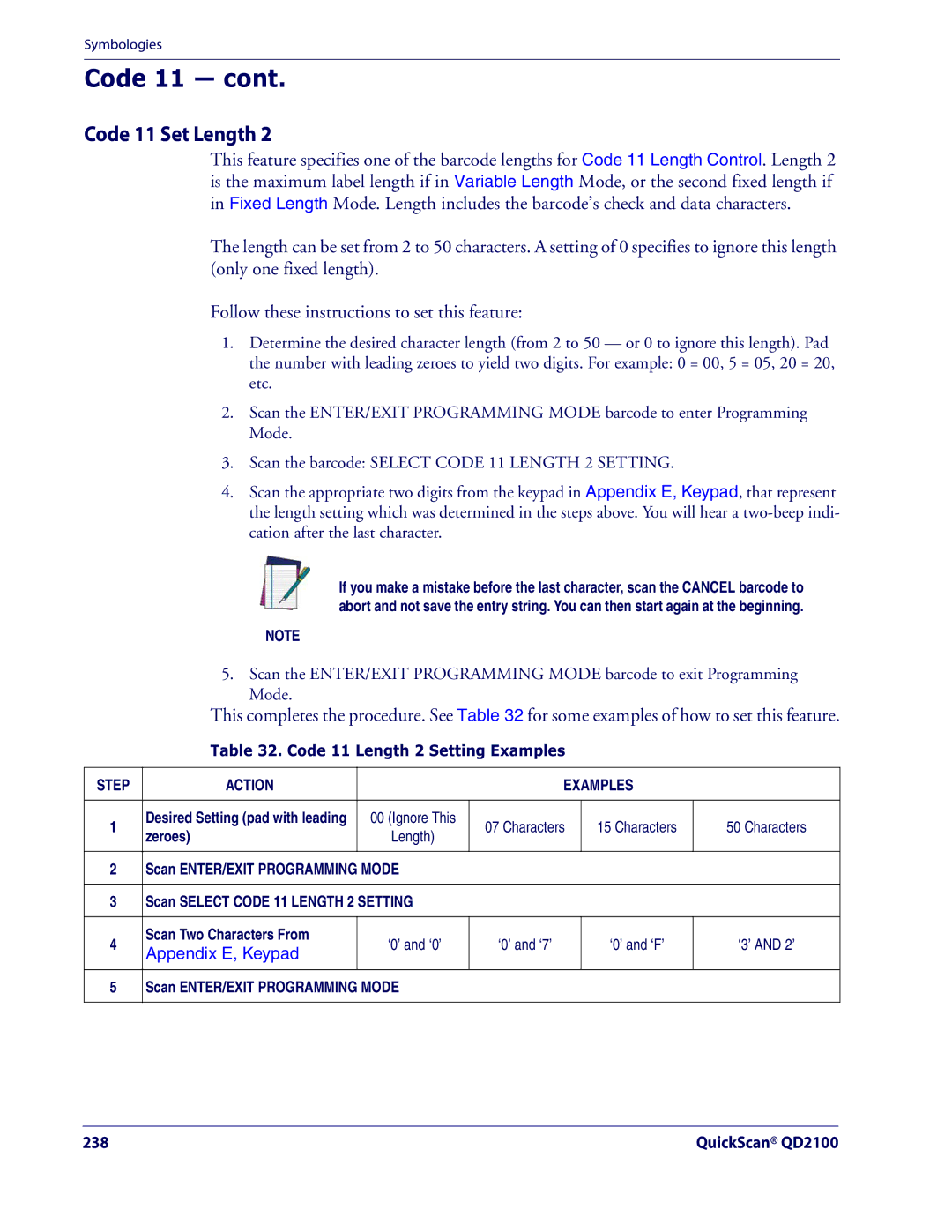 Datalogic Scanning QD2100 manual Code 11 Length 2 Setting Examples 