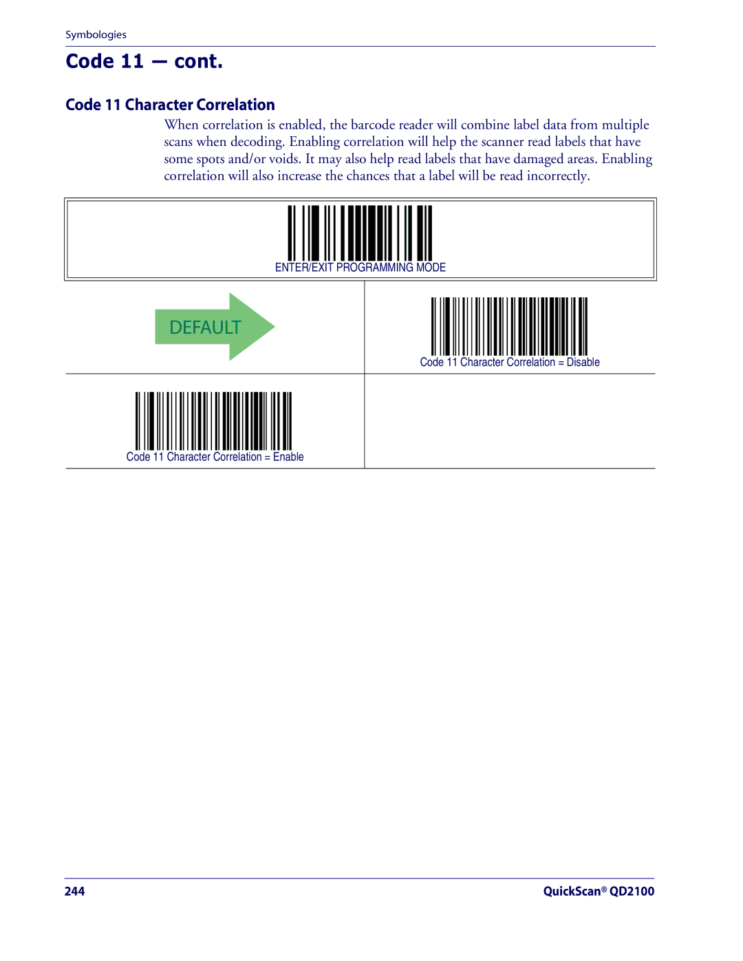 Datalogic Scanning QD2100 manual Code 11 Character Correlation 