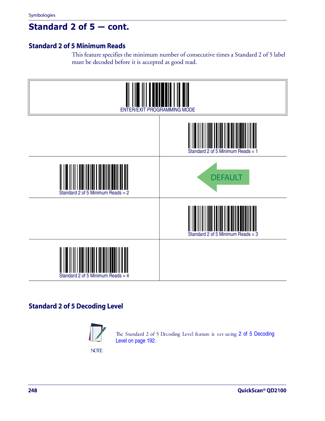 Datalogic Scanning QD2100 manual Standard 2 of 5 Decoding Level, Standard 2 of 5 Minimum Reads = 