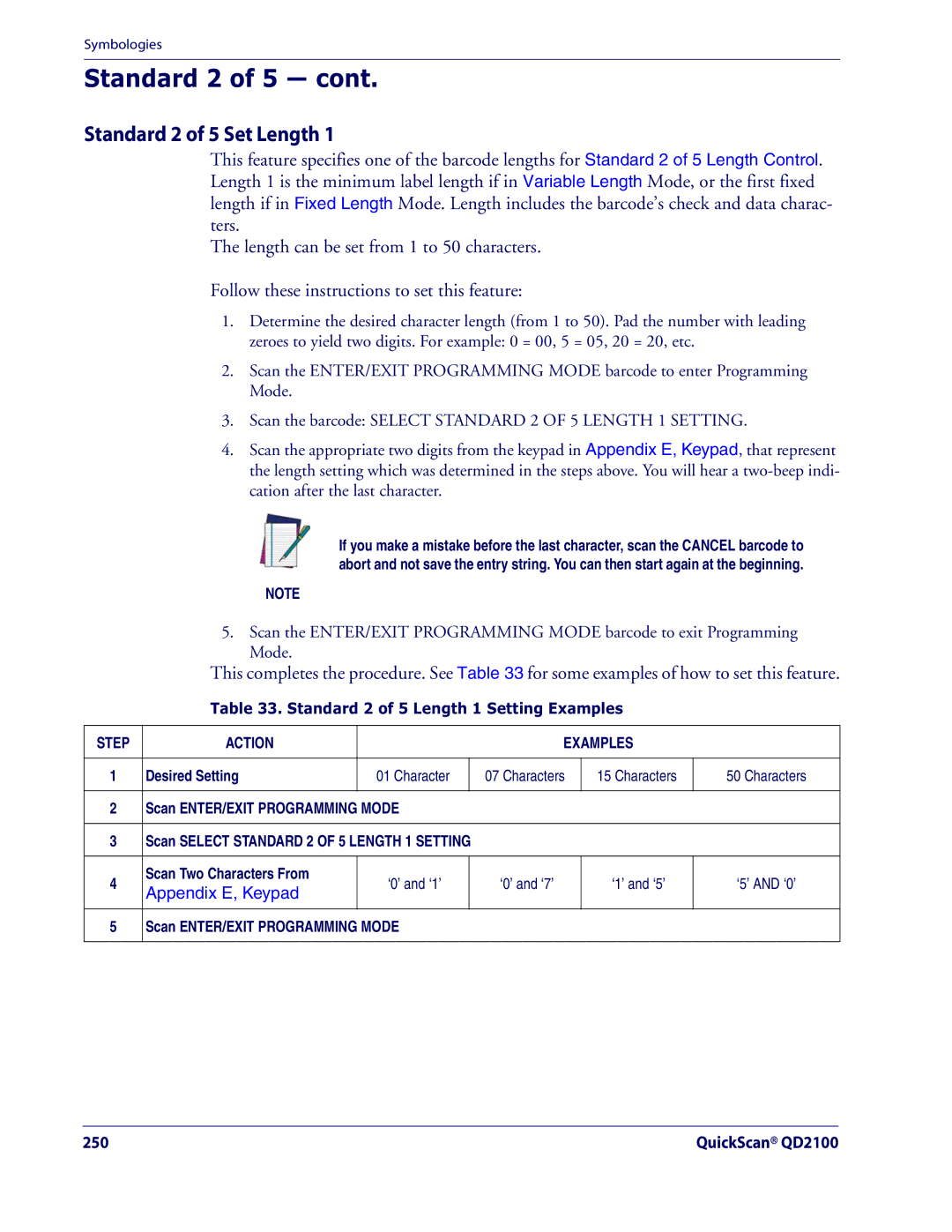 Datalogic Scanning QD2100 manual Standard 2 of 5 Set Length, Standard 2 of 5 Length 1 Setting Examples 