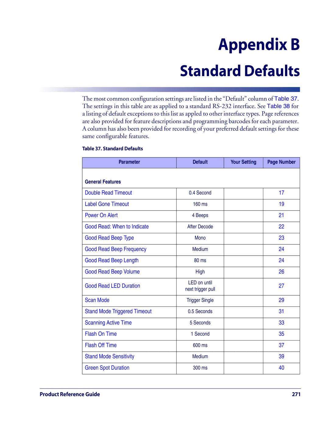 Datalogic Scanning QD2100 manual Appendix B, Standard Defaults 