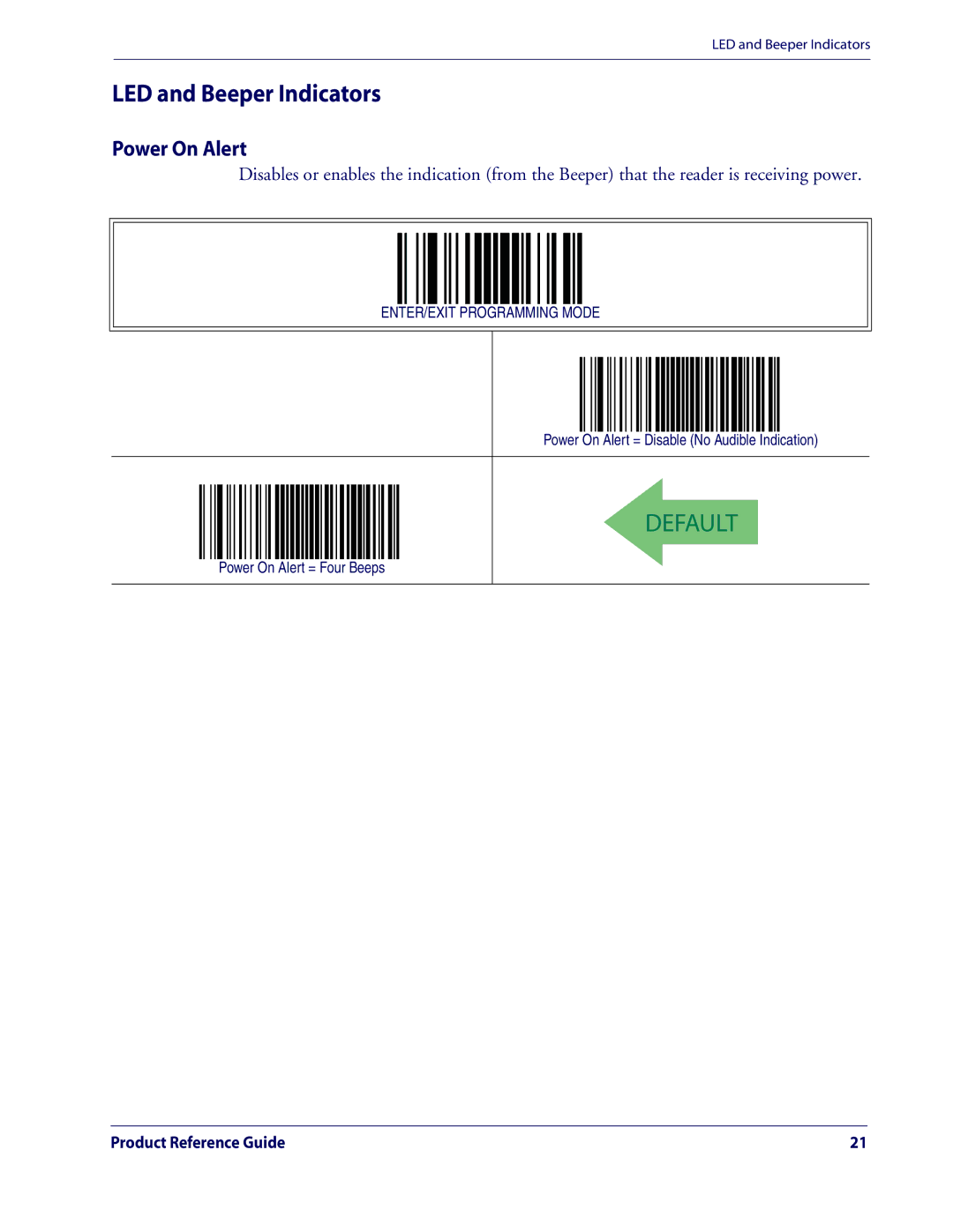 Datalogic Scanning QD2100 manual LED and Beeper Indicators, Power On Alert = Disable No Audible Indication 