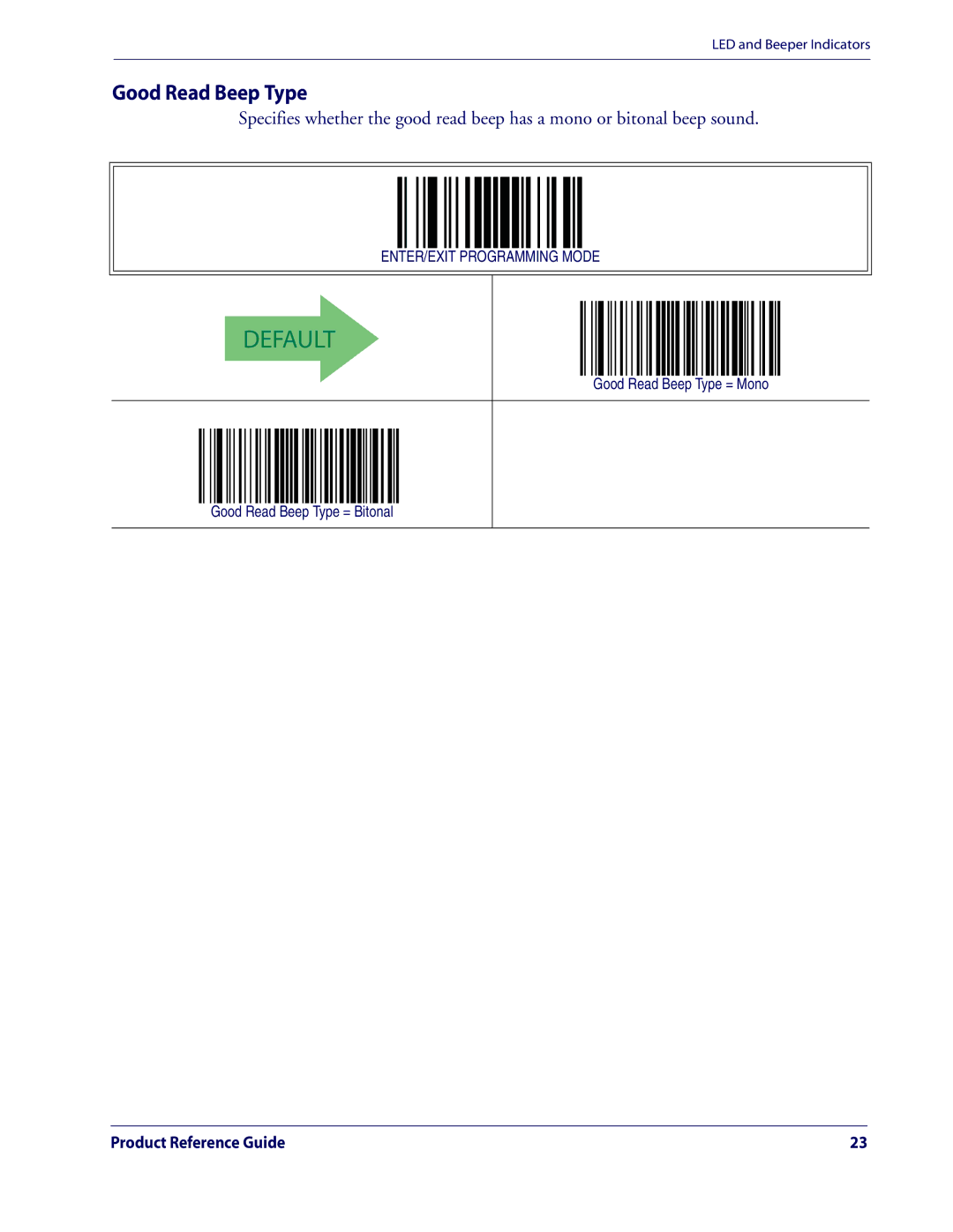 Datalogic Scanning QD2100 manual Good Read Beep Type = Mono Good Read Beep Type = Bitonal 