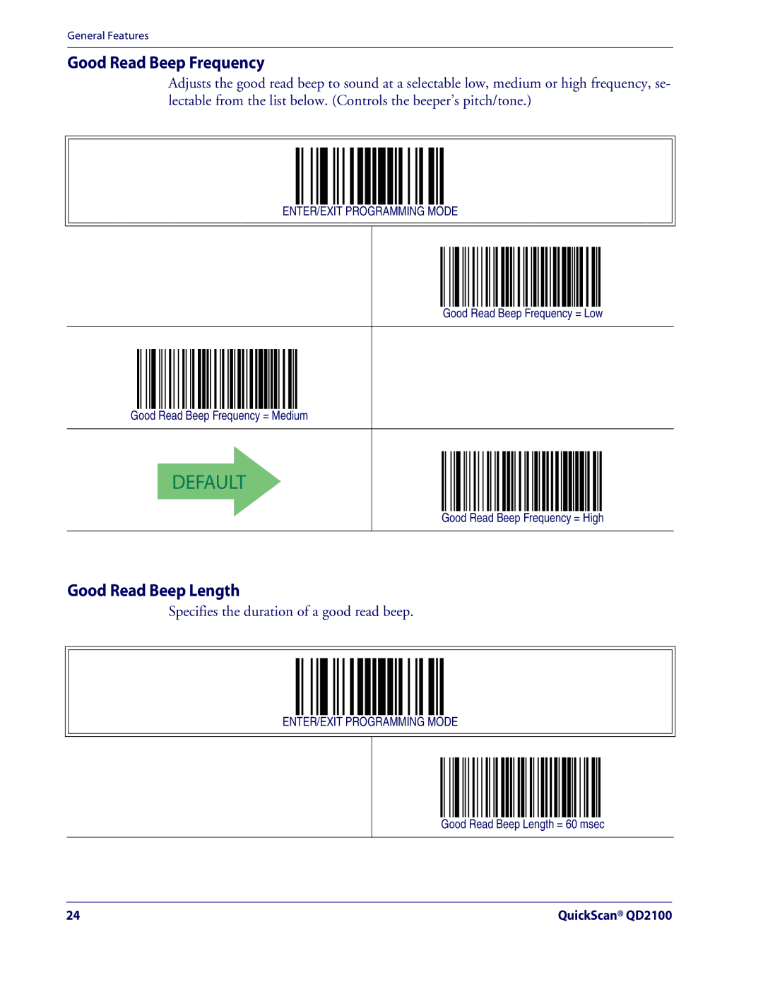 Datalogic Scanning QD2100 manual Good Read Beep Frequency = High, Good Read Beep Length = 60 msec 