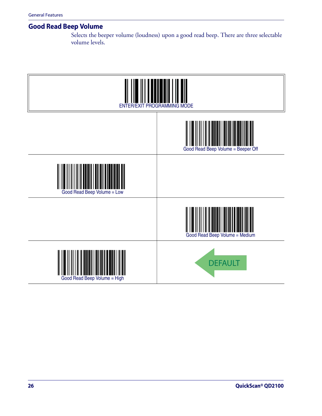 Datalogic Scanning QD2100 manual Good Read Beep Volume = High 