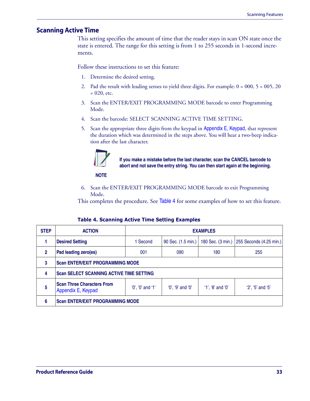 Datalogic Scanning QD2100 manual Scanning Active Time Setting Examples 