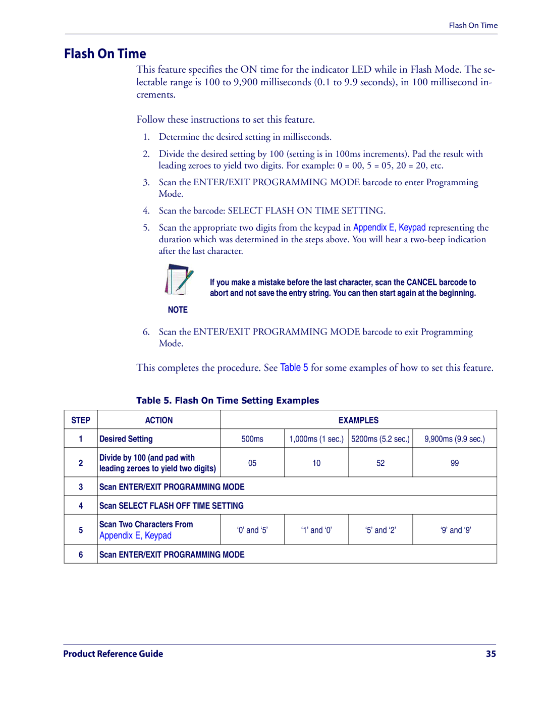 Datalogic Scanning QD2100 manual Flash On Time Setting Examples, ‘0’ and ‘5’ 