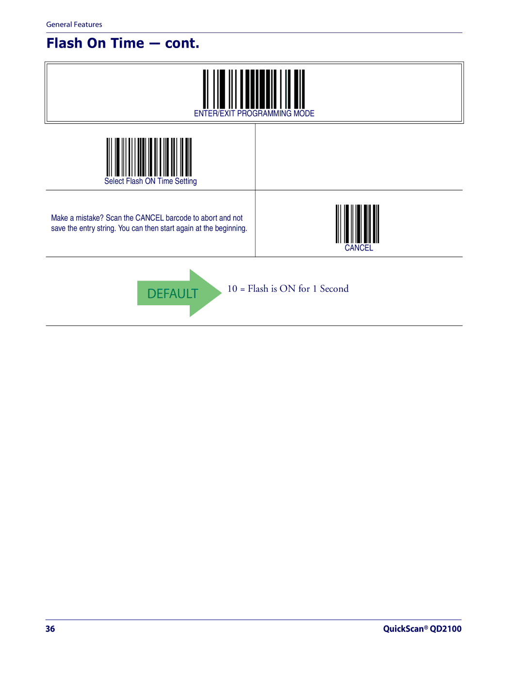 Datalogic Scanning QD2100 manual Flash On Time, Select Flash on Time Setting 