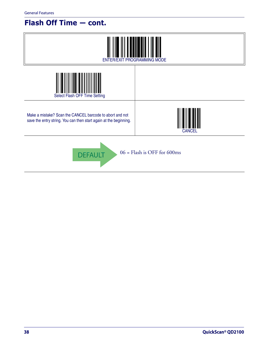 Datalogic Scanning QD2100 manual Flash Off Time, Select Flash OFF Time Setting 