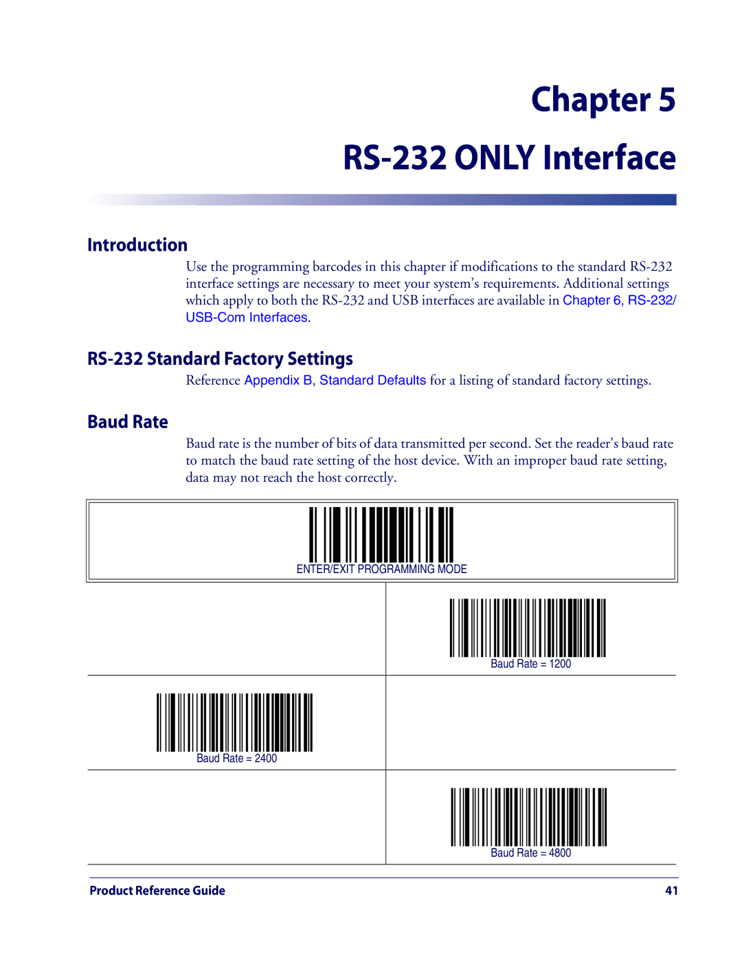 Datalogic Scanning QD2100 manual Chapter RS-232 only Interface, Introduction, RS-232 Standard Factory Settings, Baud Rate 