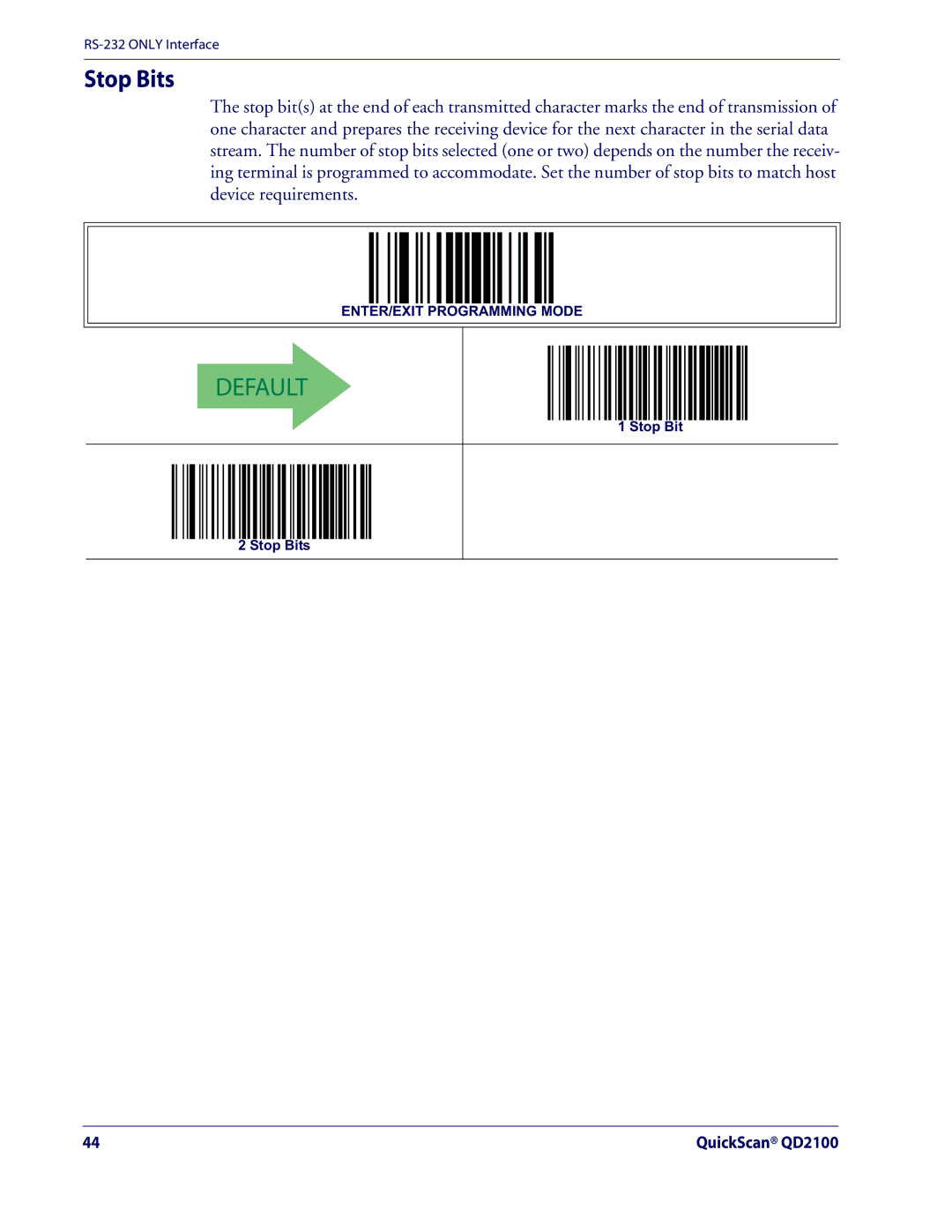 Datalogic Scanning QD2100 manual Stop Bits 