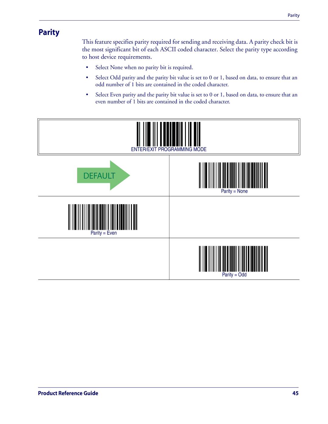 Datalogic Scanning QD2100 manual Parity = None Parity = Even Parity = Odd 