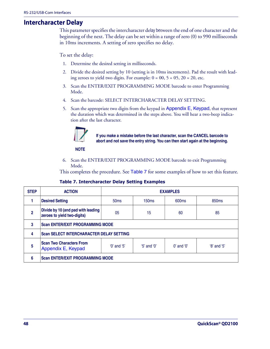 Datalogic Scanning QD2100 manual Intercharacter Delay Setting Examples 