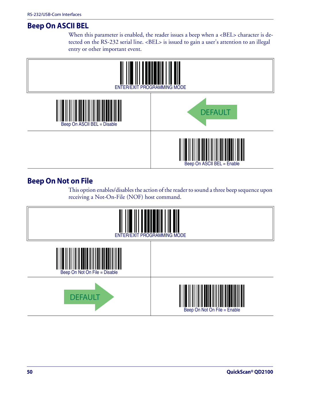Datalogic Scanning QD2100 manual Beep On Ascii BEL, Beep On Not on File 