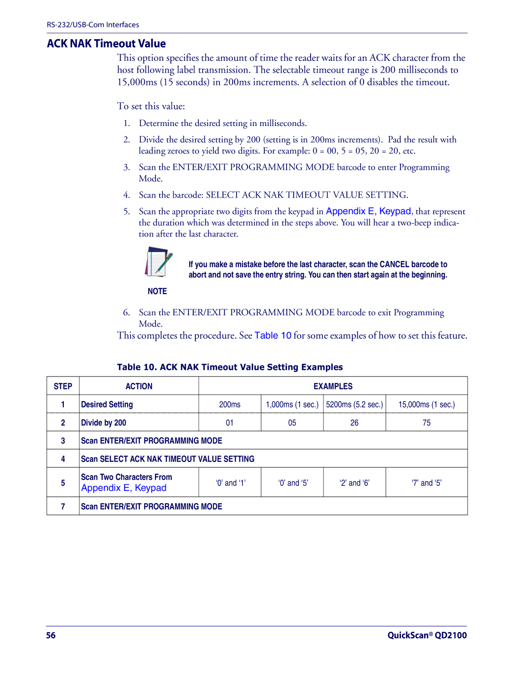 Datalogic Scanning QD2100 manual ACK NAK Timeout Value Setting Examples, ‘0’ and ‘1’ 