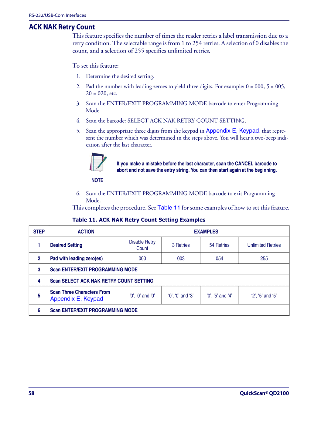 Datalogic Scanning QD2100 manual ACK NAK Retry Count Setting Examples 