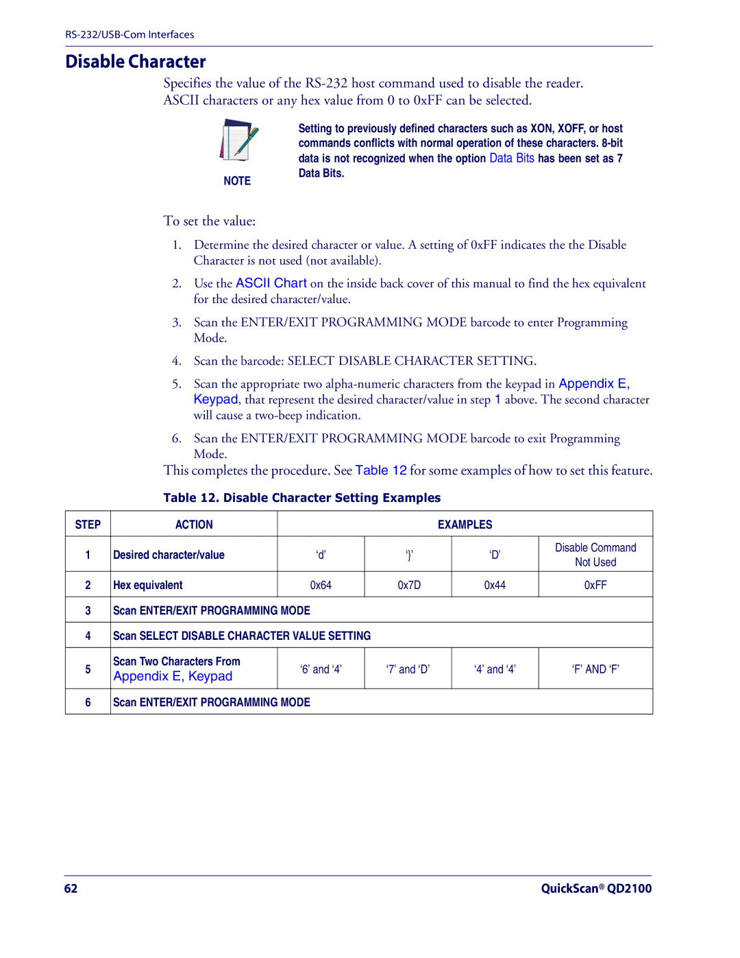 Datalogic Scanning QD2100 manual Disable Character Setting Examples, ‘7’ and ‘D’ 