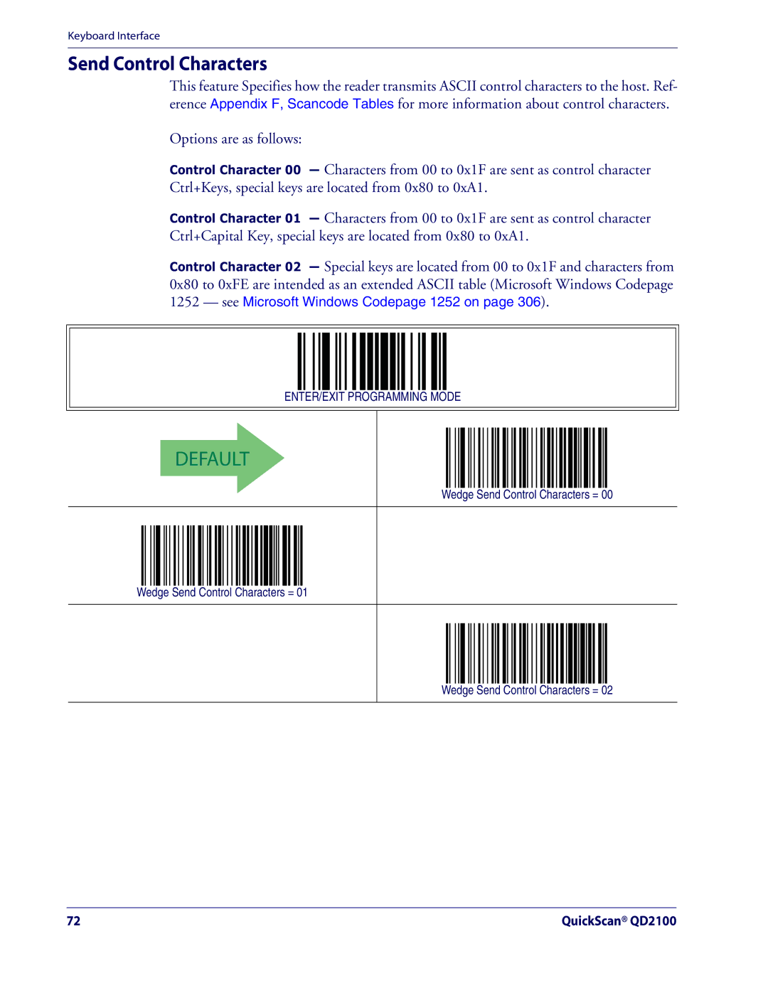 Datalogic Scanning QD2100 manual Wedge Send Control Characters = 