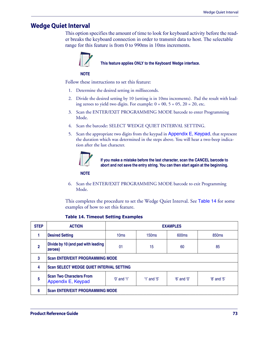 Datalogic Scanning QD2100 manual Wedge Quiet Interval, Timeout Setting Examples 