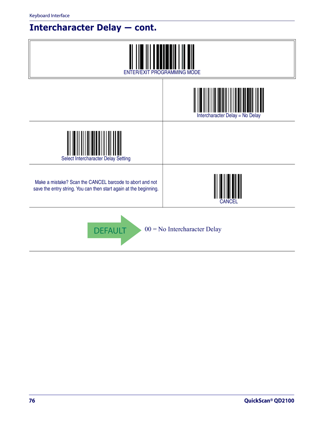 Datalogic Scanning QD2100 manual 00 = No Intercharacter Delay 