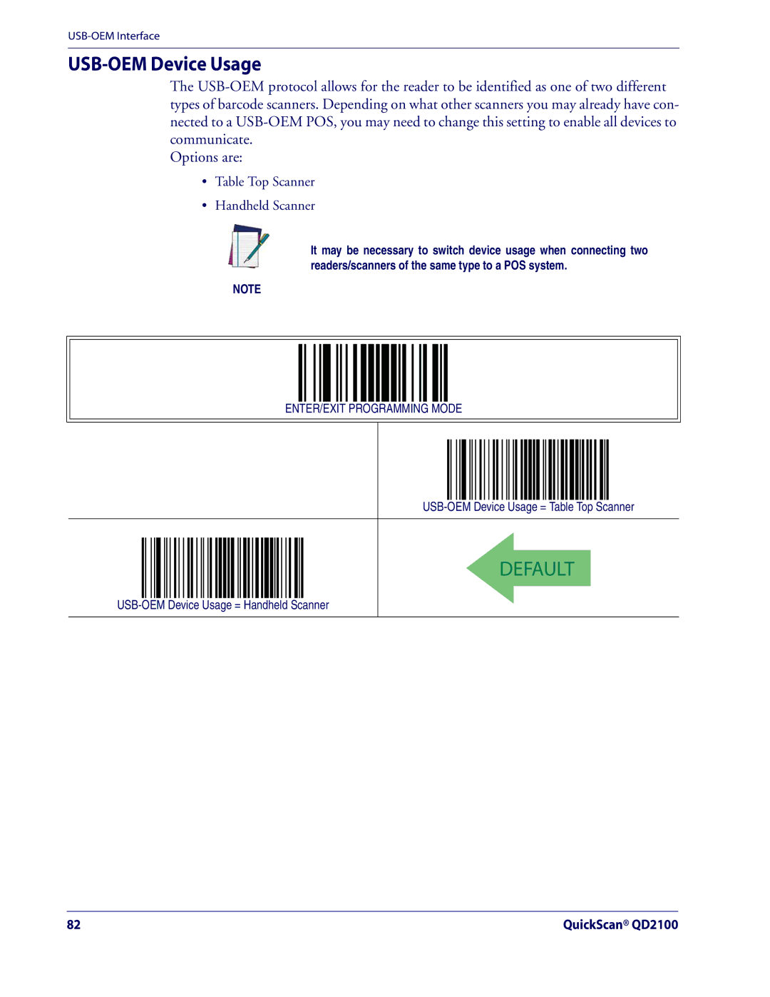 Datalogic Scanning QD2100 manual USB-OEM Device Usage = Table Top Scanner, USB-OEM Device Usage = Handheld Scanner 