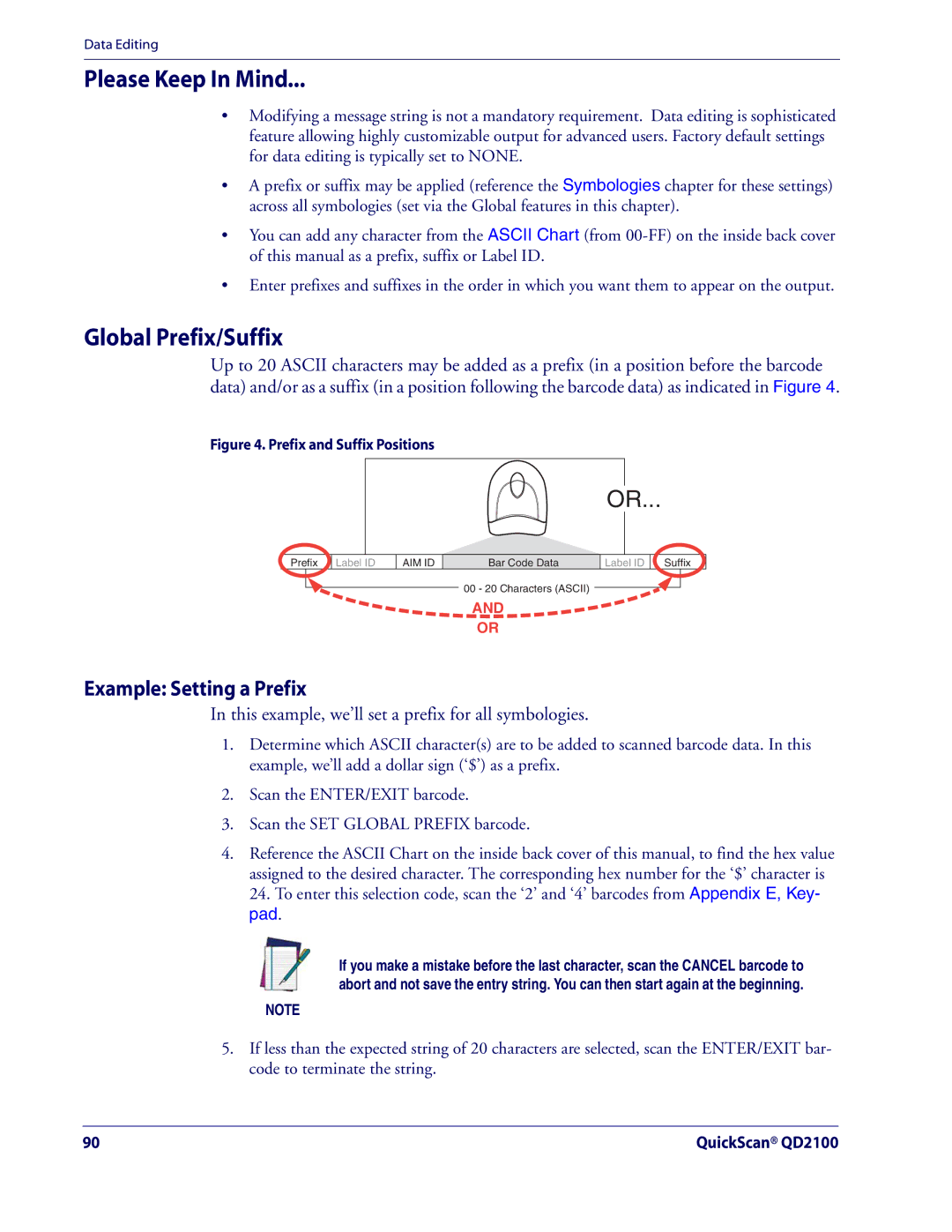 Datalogic Scanning QD2100 manual Please Keep In Mind, Global Prefix/Suffix, Example Setting a Prefix 