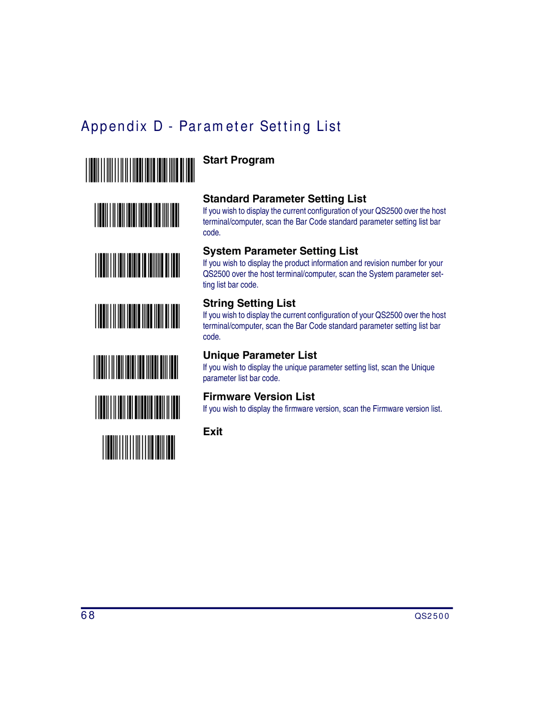 Datalogic Scanning QS2500 manual Appendix D Parameter Setting List, Start Program Standard Parameter Setting List 