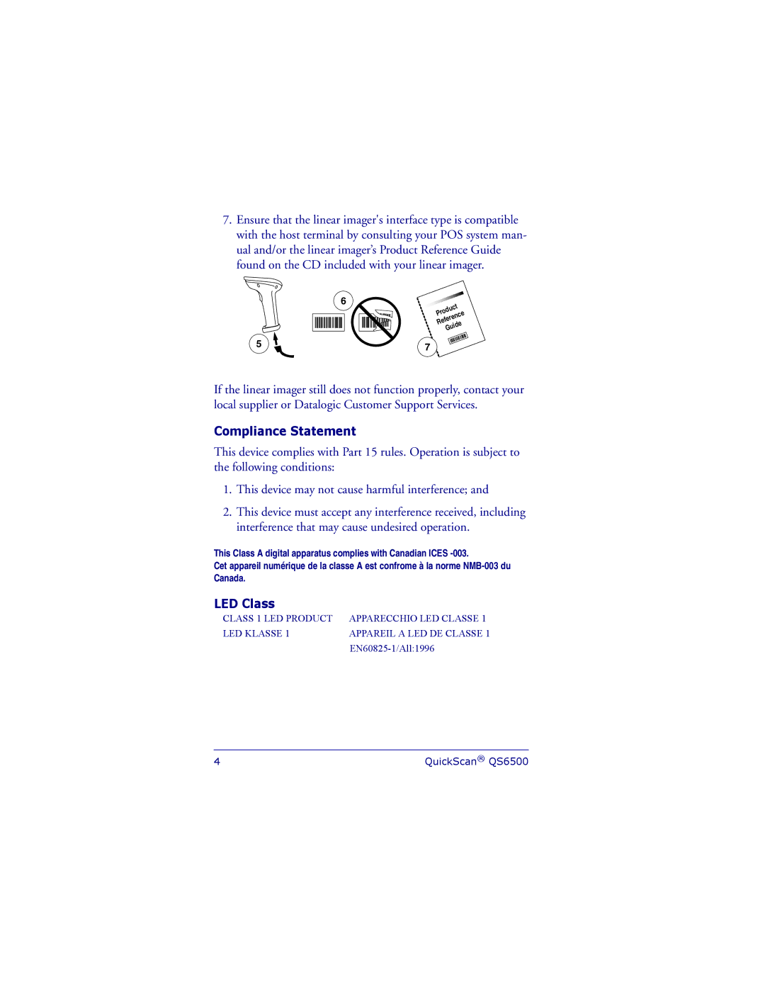 Datalogic Scanning QS6500 manual Compliance Statement, LED Class 