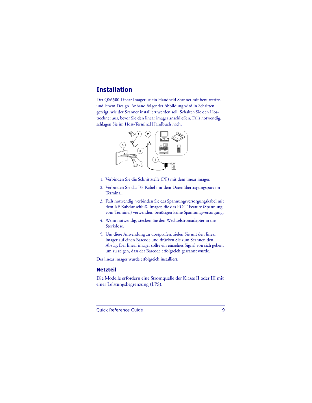 Datalogic Scanning QS6500 manual Installation, Netzteil 