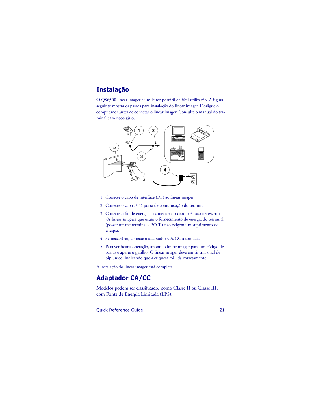 Datalogic Scanning QS6500 manual Instalação, Adaptador CA/CC 