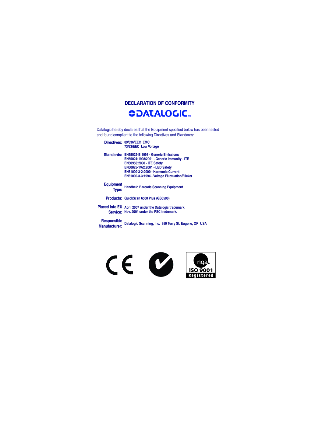 Datalogic Scanning QS6500 manual Declaration of Conformity 