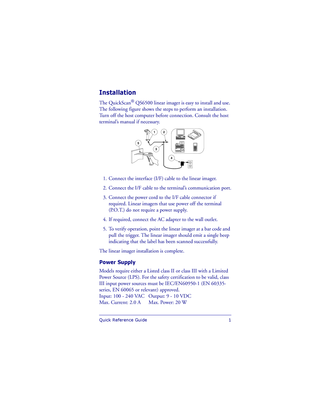 Datalogic Scanning QS6500 manual Installation, Power Supply 