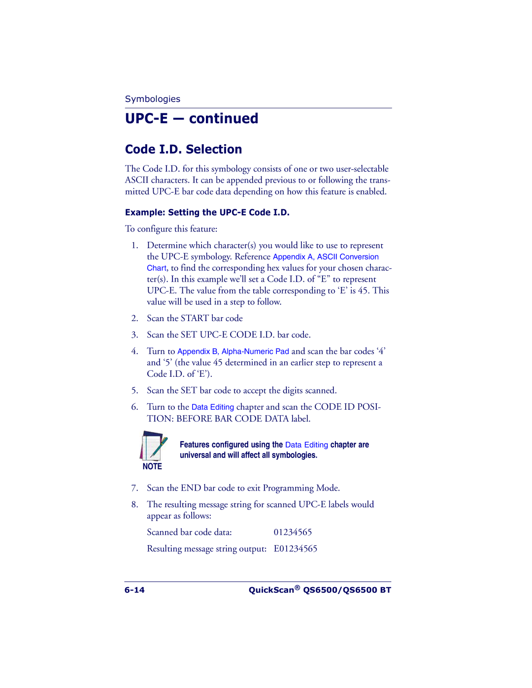 Datalogic Scanning QS6500BT manual Example Setting the UPC-E Code I.D 