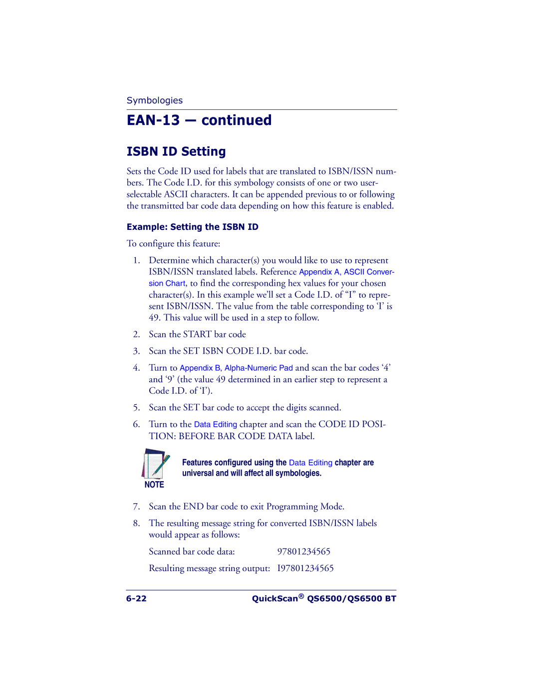 Datalogic Scanning QS6500BT manual Isbn ID Setting, To configure this feature 