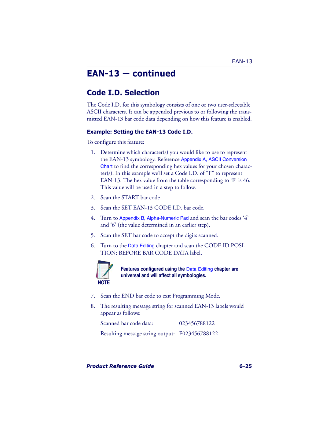 Datalogic Scanning QS6500BT manual Example Setting the EAN-13 Code I.D 